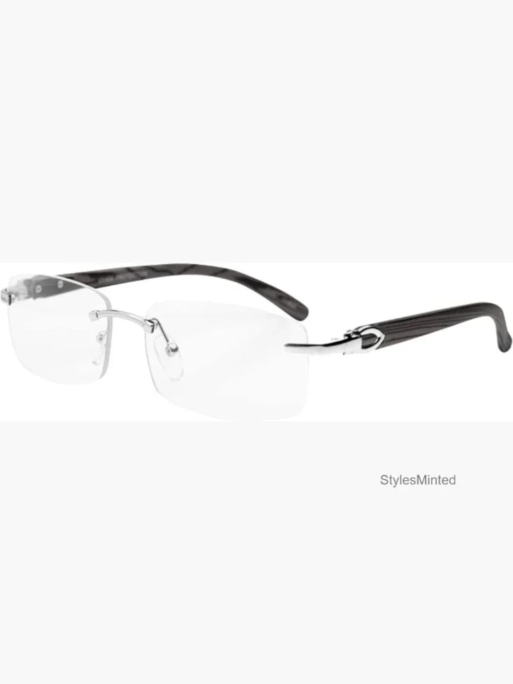 Slim Rimless Rectangular Metal & Wood Art Sunglasses UV400